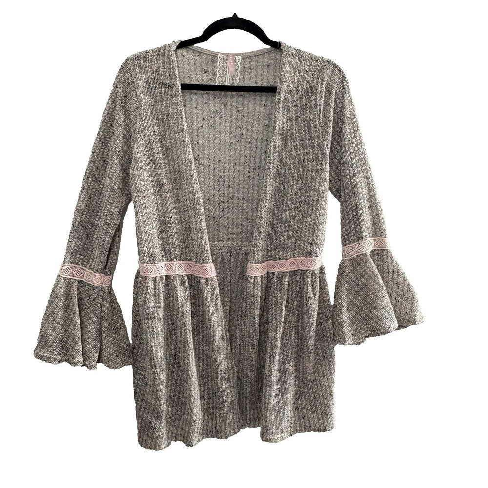 MAUVE Women Pink Lace Bell Sleeves Open Front Sweater Sz M Gray Casual 21-6